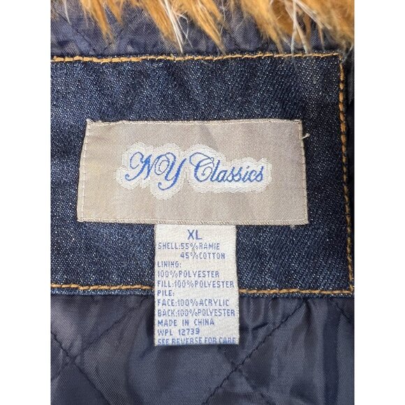 vintage y2k faux fur trim insulated‎ mid lengt denim coat jacket sz L - Picture 7 of 8